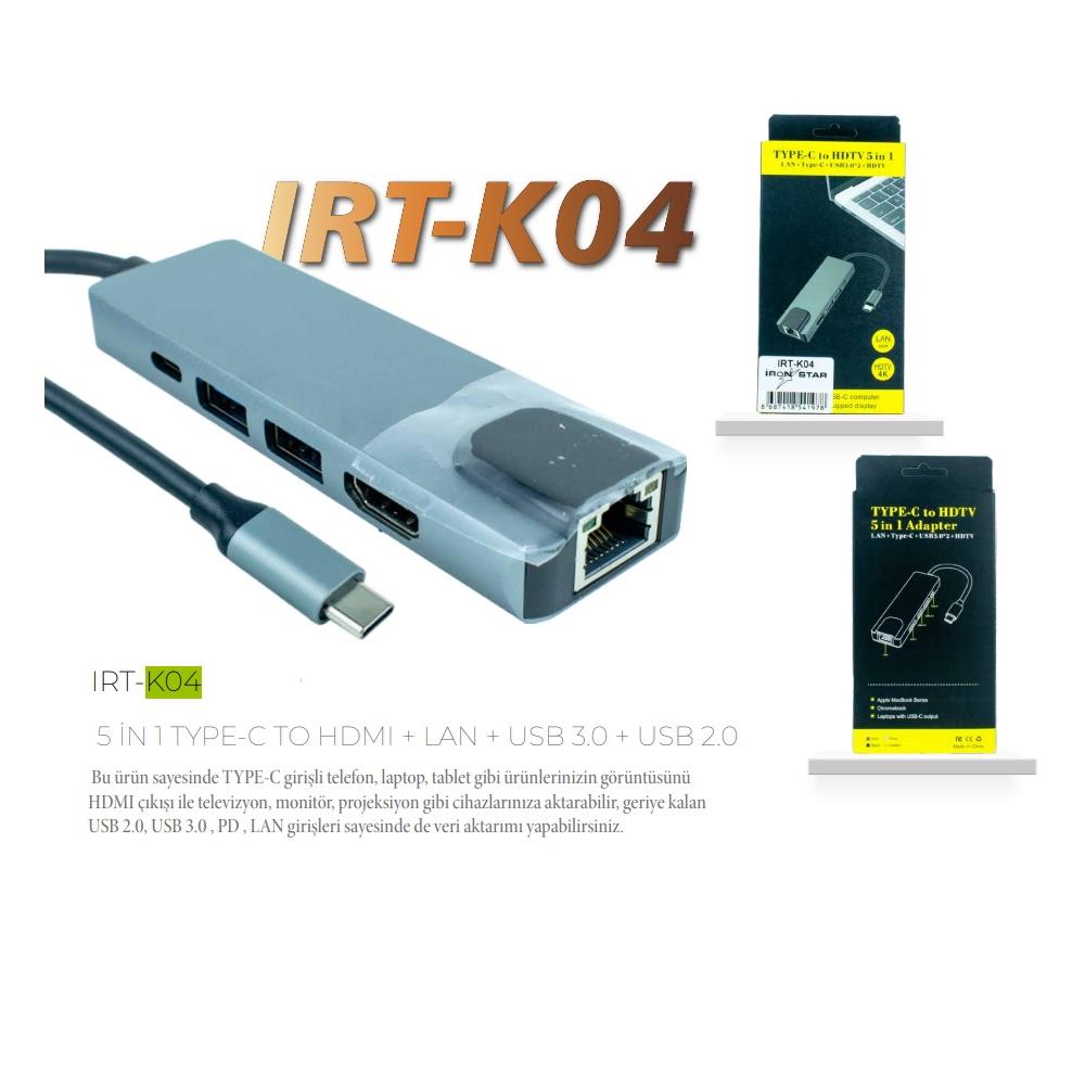 IRONSTAR IRT-K04 5 İN 1 TYPE-C TO HDMI + LAN + USB 3.0 + USB 2.0 DÖNÜŞTÜRÜCÜ