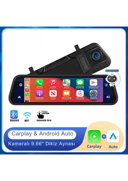 9.66” Akıllı Dikiz Aynası – Kablosuz CarPlay & Android Auto, Ön/Arka Kamera